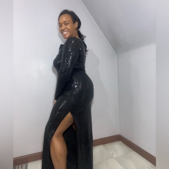 Vintage black sequin long dress one shoulder evening gown cocktail party gala - Picture 9 of 12